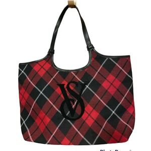 Victoria's Secret Plaid Tote Bag Red/Black logo sherpa Weekender Travel